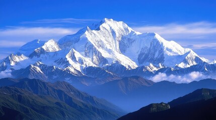 Obraz premium Majestic snow-capped mountain peak rising above a range of green hills under a clear blue sky.