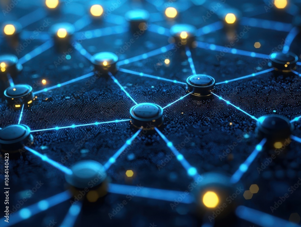Poster interconnected nodes in a futuristic network digital space visual art high-tech environment close-up