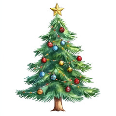 Fototapeta premium Watercolor Christmas tree with Christmas decorations with golden star on white background 