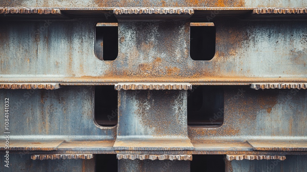 Poster close-up view of weathered steel grating showing textured surface and industrial design patterns for