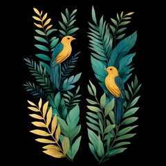 Obraz premium Two yellow birds perched on green and gold leaves against a black background.