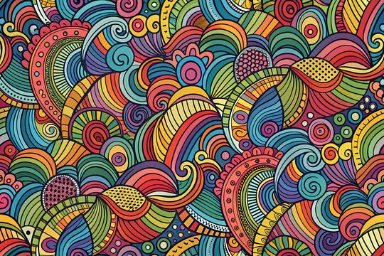 Colorful abstract doodle seamless pattern with swirling shapes, bold lines, and intricate details. Perfect for modern textile and graphic design projects.