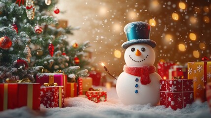 Fototapeta premium Cheerful snowman in a top hat, surrounded by vibrant presents and a glowing Christmas tree, with a snowy, bright background creating a fun and festive holiday scene in 3D rendering.