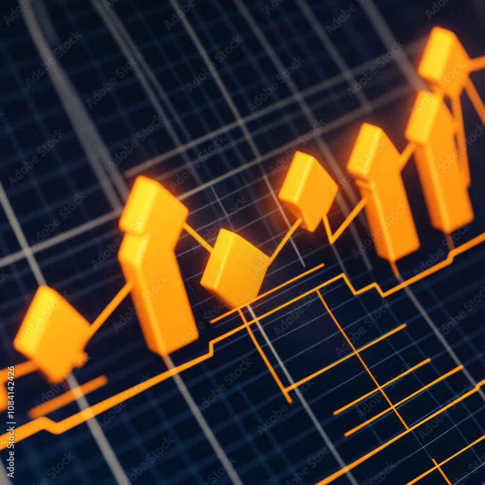 Poster a 3d rendering of an orange graph arrow going up on a dark blue grid background.