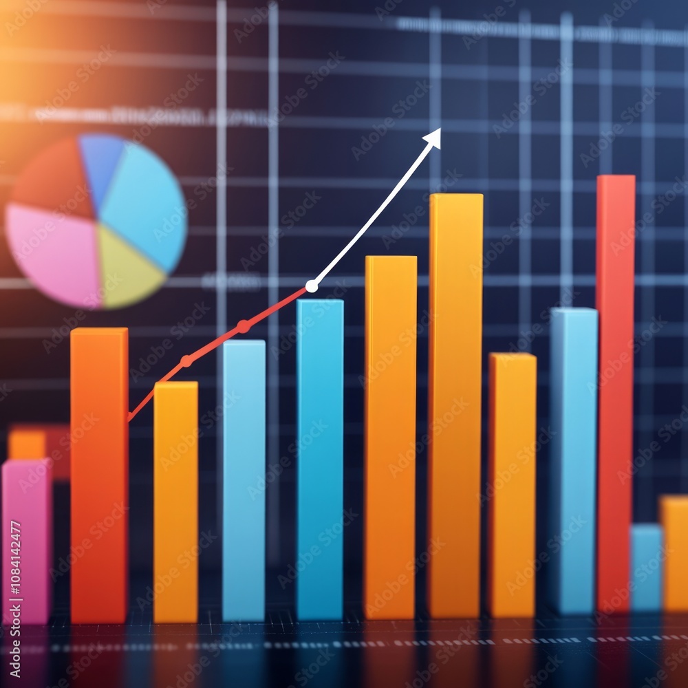 Poster a bar graph with an upward trend line showing growth, with a pie chart in the background.