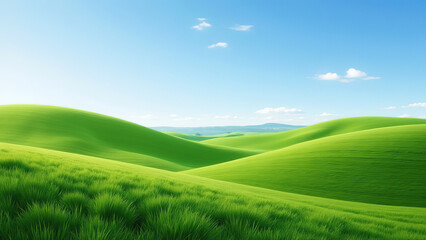 Obraz premium Rolling green hills stretch out under a bright blue sky.