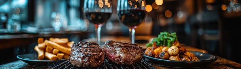 Sizzling smoky steak on the grill kitchen food photography warm ambiance close-up juicy perfection