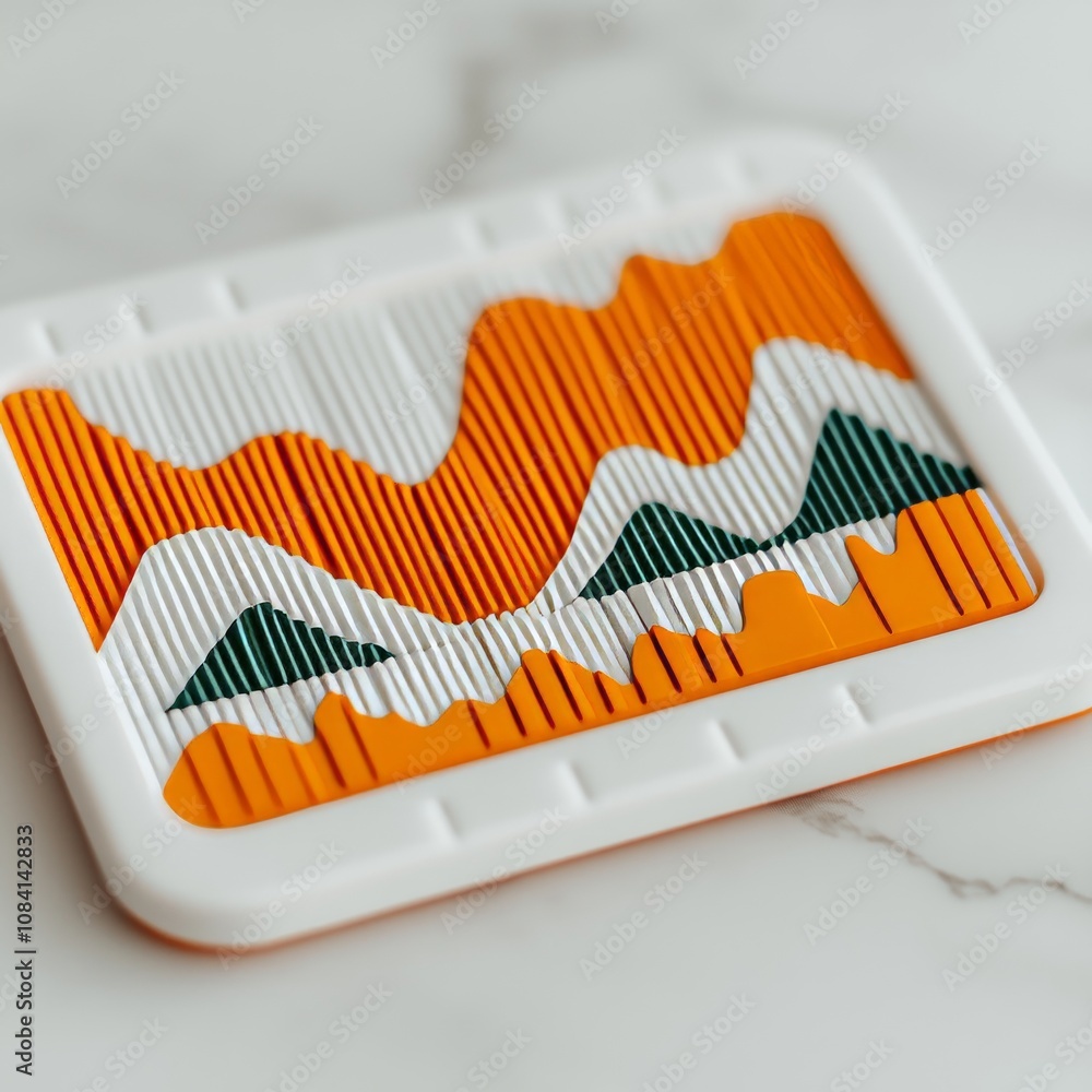 Poster a close-up of a 3d printed graph with orange and green lines.