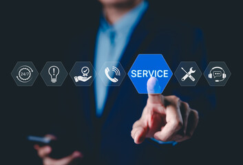 Service and Customer Support Concept. A professional pointing to a digital service icon, surrounded...