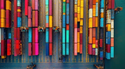 Obraz premium Colorful shipping containers at an international port, with cranes and trucks moving goods