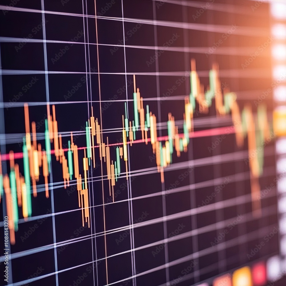 Poster a close-up shot of a stock market chart with a red line representing the average.