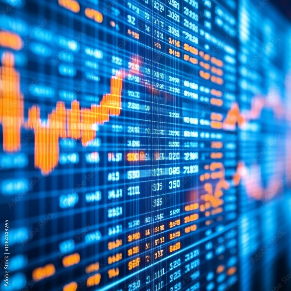 Poster a close-up shot of a stock market display with a blue background and orange numbers and lines.