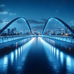Obraz premium Illuminated modern bridge over calm water at night, cityscape backdrop.
