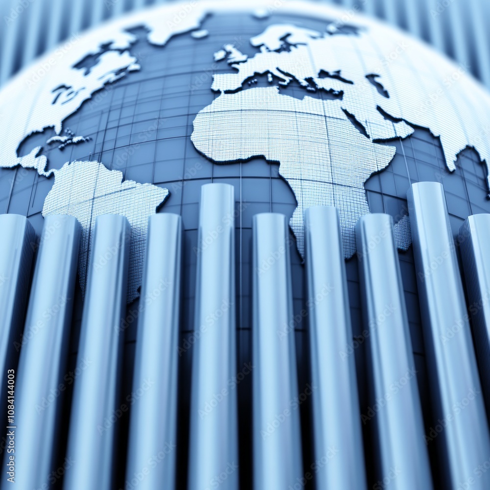 Poster a globe representing the world is partially obscured by a series of vertical bars, symbolizing globa