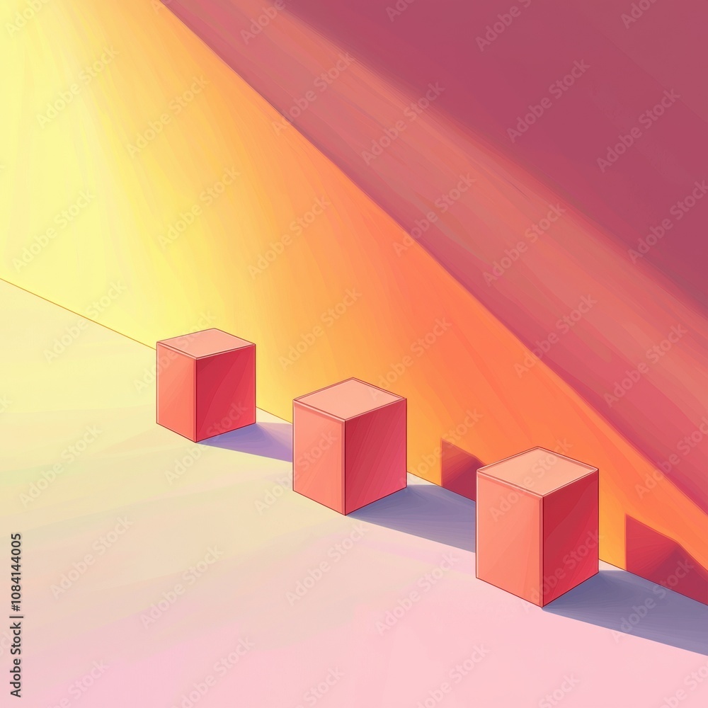 Poster Minimalist Abstract Composition with Geometric Shapes and Soft Gradient Background Featuring Three Colorful Cubes Casting Shadows