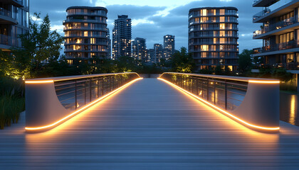 Fototapeta premium Modern bridge connecting illuminated residential buildings at twilight. A pedestrian bridge with warm-toned LED lighting