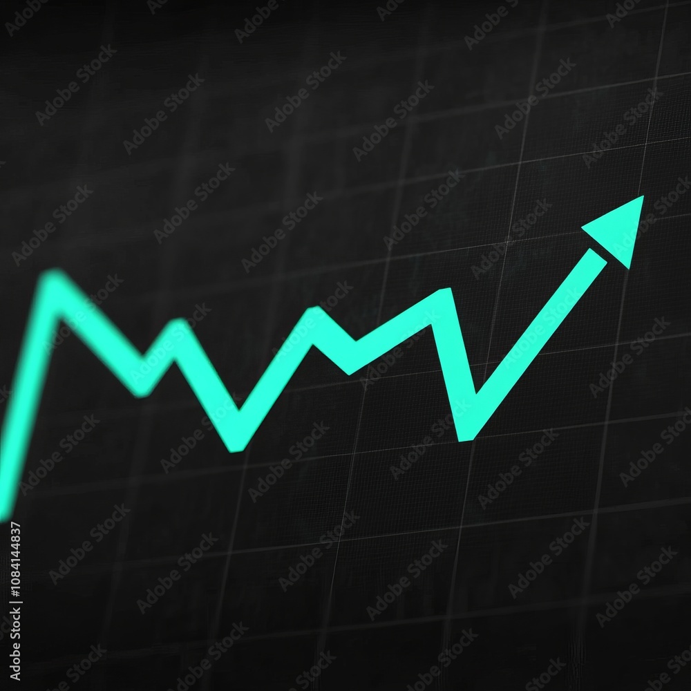 Poster a turquoise line graph on a dark background shows a positive trend with an arrow pointing upwards.
