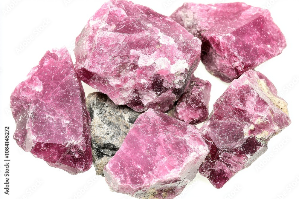 Poster a cluster of raw pink ruby crystals with glimmering surface and natural texture set against a white 