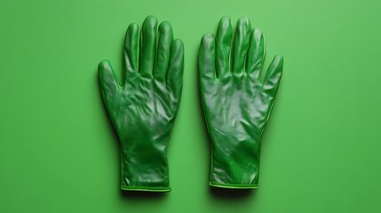 A pair of vibrant green gardening gloves on a green background.