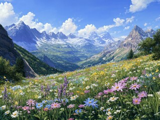 Fototapeta premium Vibrant wildflowers dot a serene alpine meadow, surrounded by towering mountain peaks, under a bright blue sky with a hint of wispy clouds.