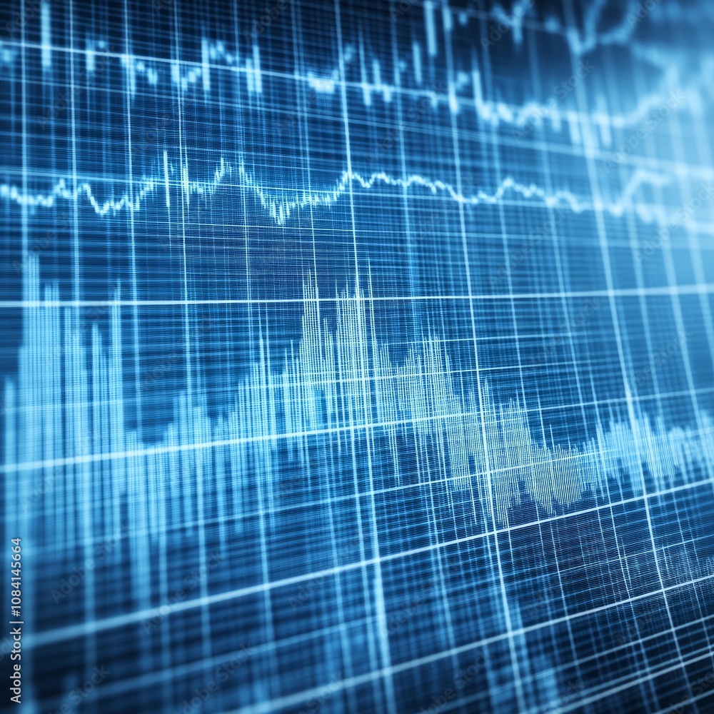 Poster abstract blue data graph on digital screen.