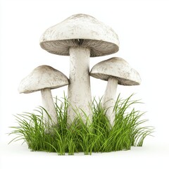 Three Realistic Mushrooms Surrounded by Lush Green Grass on a White Background, Perfect for Nature Themes and Culinary Uses in Stock Photography