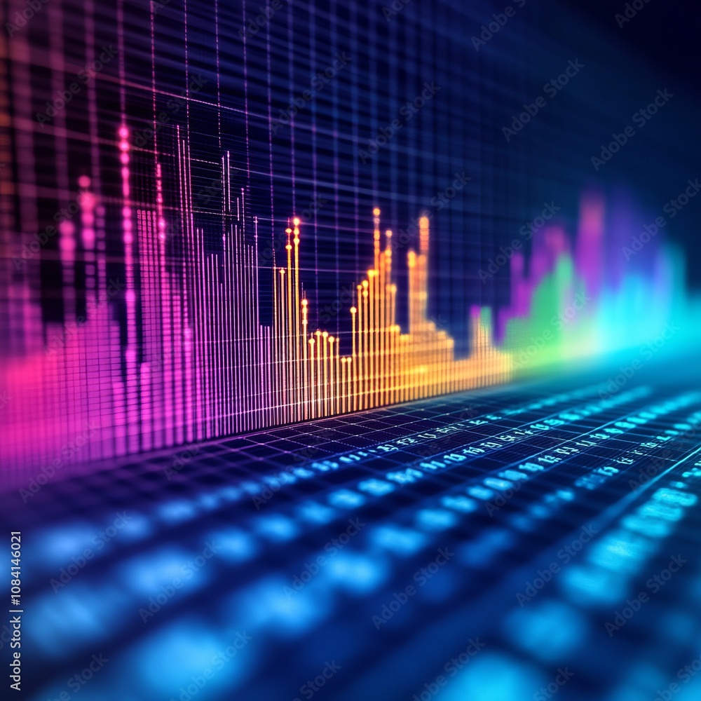 Poster abstract colorful graph showing stock market data in glowing lines, depicting rise and fall of price