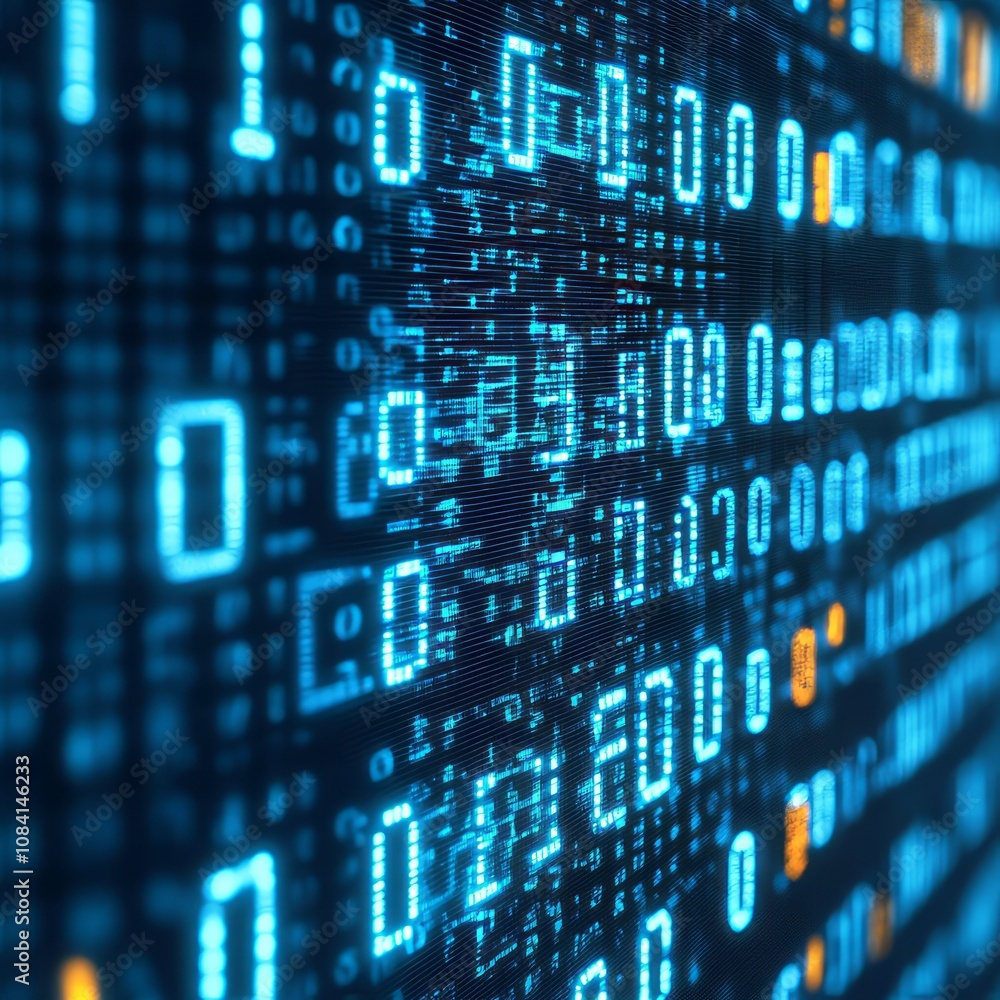 Poster abstract digital binary code background with blue and orange glowing digits.