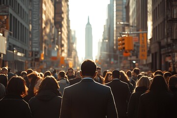 Obraz premium City Street Crowd Walking Toward the Sunlight