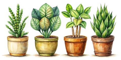 Obraz premium Watercolor Illustration of Four Potted Plants, Green Foliage, Brown Pots, Home Decor, Plant Illustration, Watercolor Art, Indoor Plants