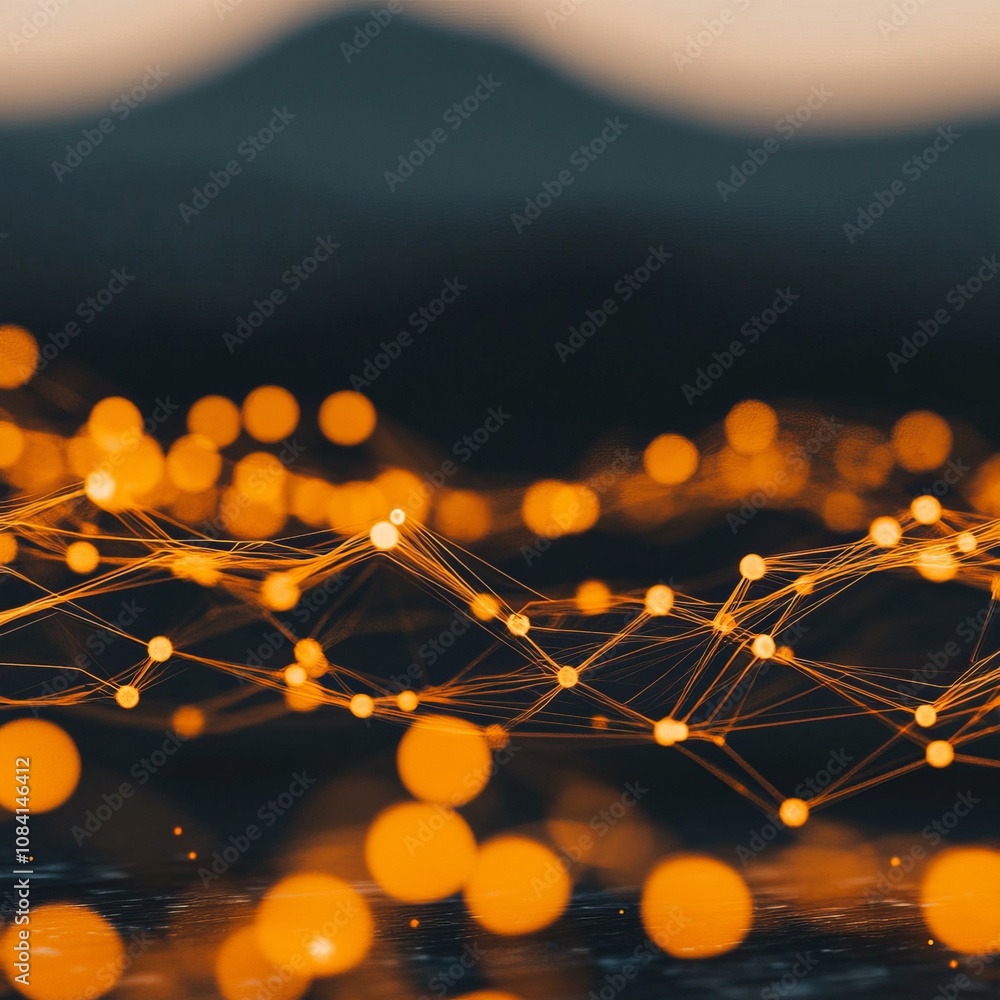 Poster abstract digital network with glowing orange nodes and lines.