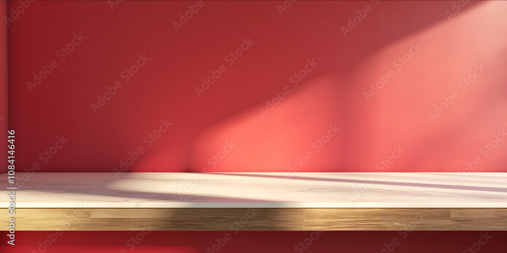 Poster 3d animation of empty kitchen countertop wall corner with red background closeup front view in valen