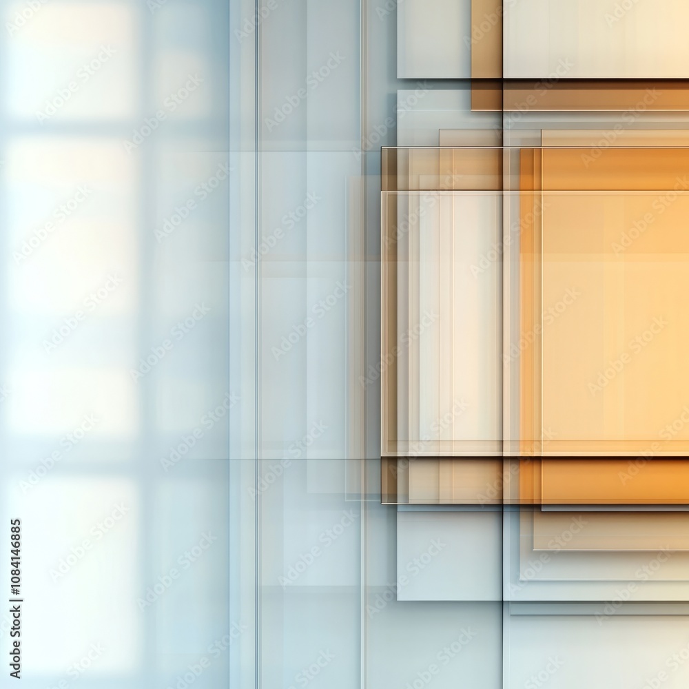 Poster abstract geometric pattern with overlapping translucent squares in orange and gray tones.