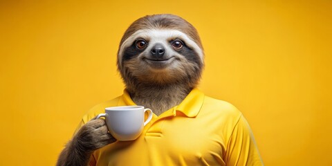 Naklejka premium Sloth in Yellow Polo Holding a Cup of Coffee, digital art, portrait, yellow background, sloth, coffee, animal