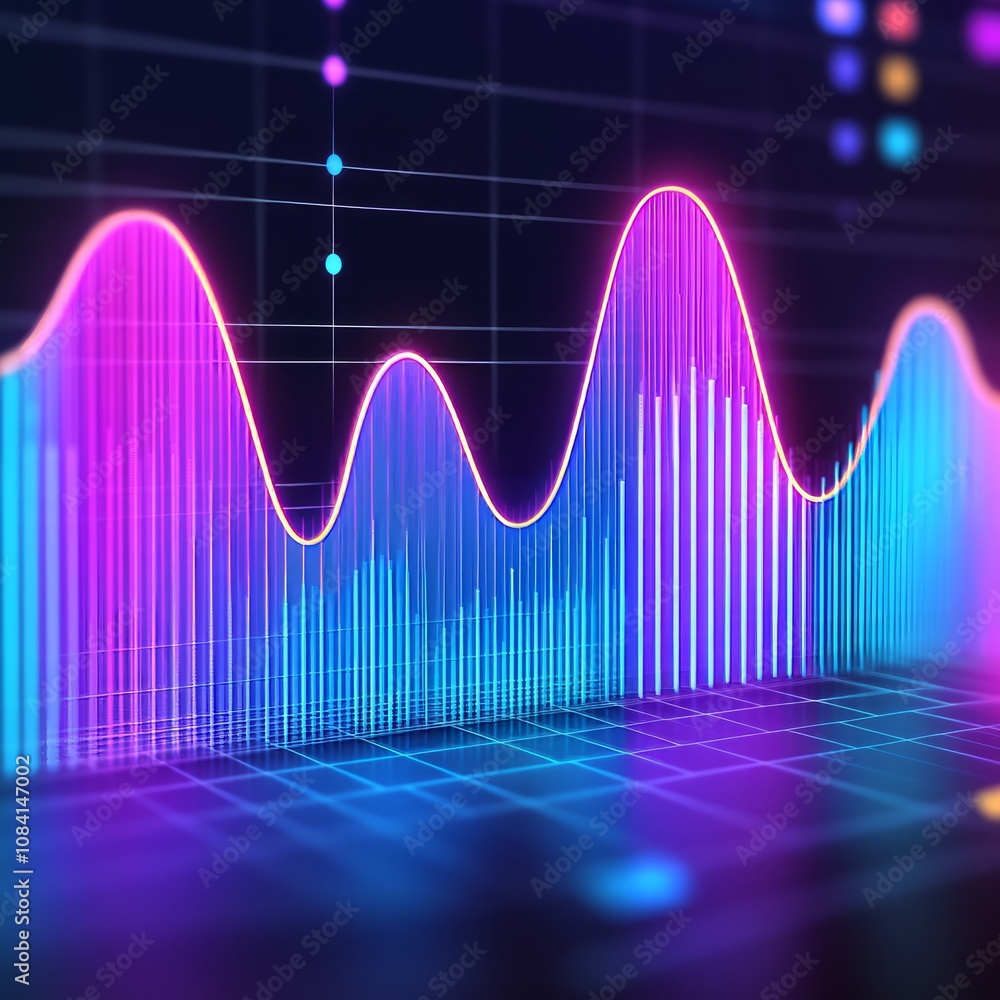Poster abstract glowing graph with vertical and horizontal lines on a grid background.
