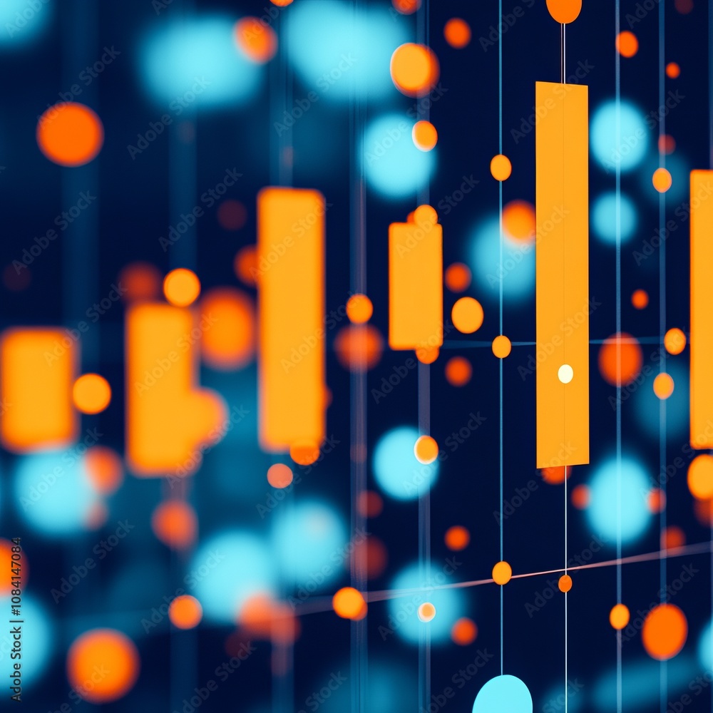 Aufkleber abstract glowing orange and blue data visualization with bars and dots on a dark background.