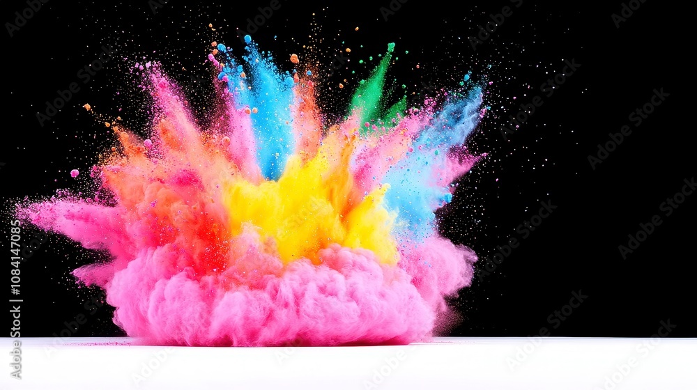 Poster vibrant color burst on white canvas, a dynamic display of colorful powder exploding against a blank 