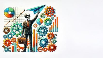 Obraz premium Smiling skeleton in a business suit holding a briefcase, standing among large gears, charts, and graphs