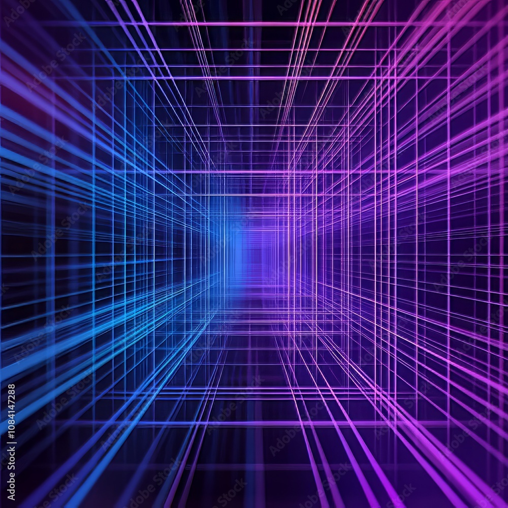 Poster abstract grid of glowing lines in purple and blue, forming a tunnel-like structure.
