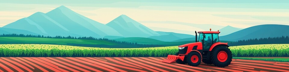 Fototapeta premium Tractor plowing fields rural landscape digital art serene environment wide angle view agricultural concept