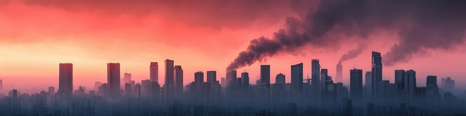 Naklejka premium Urban environmental crisis pollution and smog over city skyline dusk aerial view dystopian concept