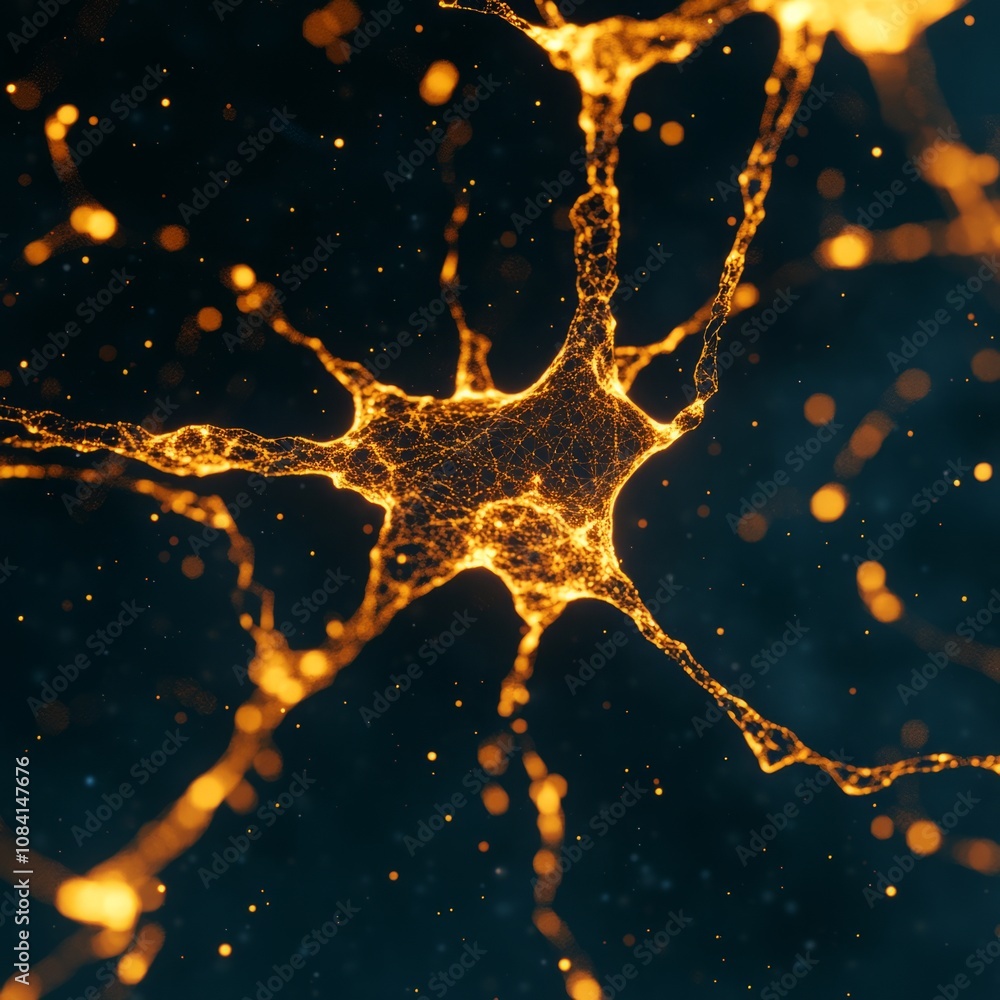 Poster abstract neuron with glowing branches on a dark background.