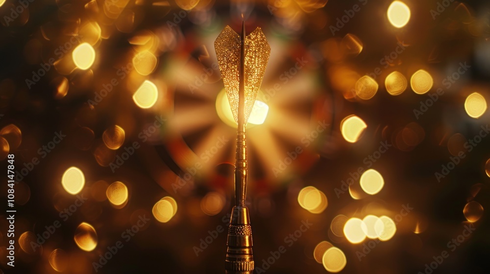 Poster a single golden dart is centered in the frame, with a blurred dartboard in the background, and a war