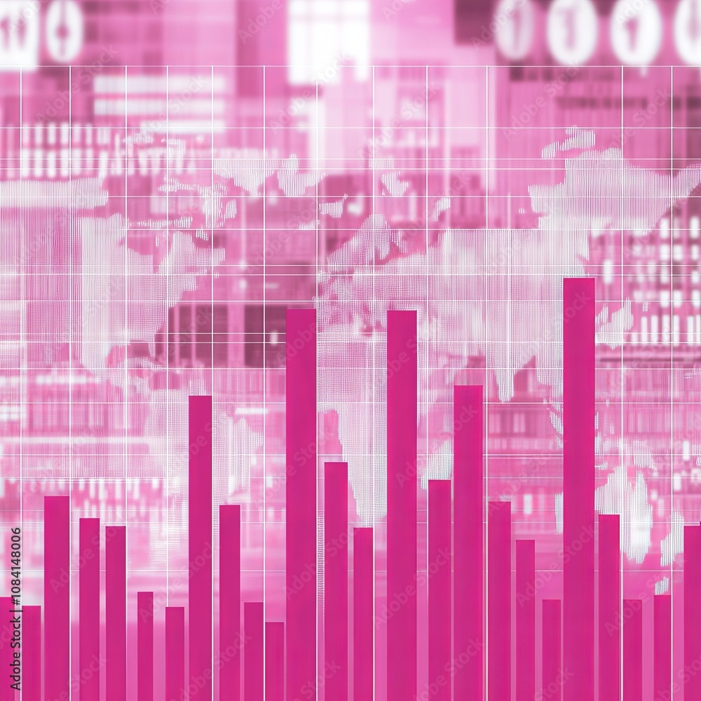 Poster abstract pink background with bar chart and world map for business or financial concept.