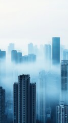 Obraz premium Misty cityscape view of skyscrapers in fog urban landscape photography aesthetic atmosphere serene environment