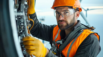 skilled offshore wind turbine technician working on equipment, showcasing focus and expertise in safety harness and helmet