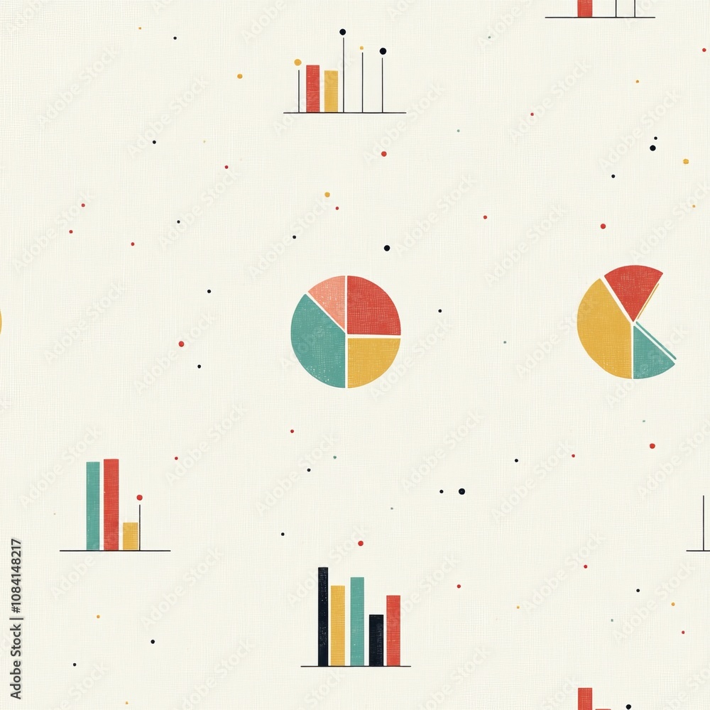 Poster abstract seamless pattern with colorful bar charts and pie charts.
