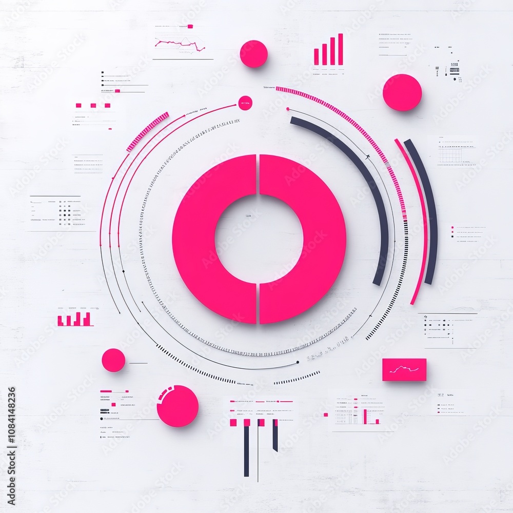 Poster abstract technological background with pink circular elements and data visualization on white backdr