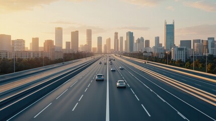 Fototapeta premium Morning commute traffic flow urban cityscape aerial view modern infrastructure vibrant skyline at dawn