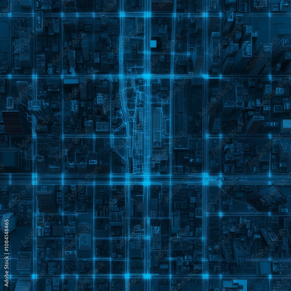 Poster aerial view of a city with a grid pattern of glowing blue lines.